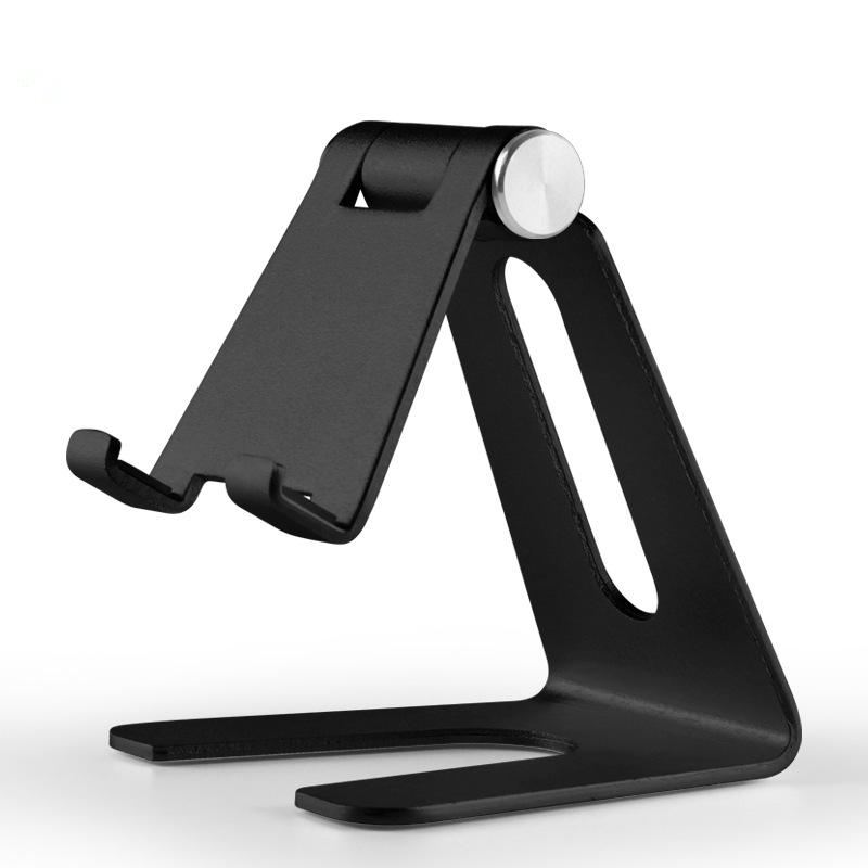 Black aluminum phone and tablet stand, front angle